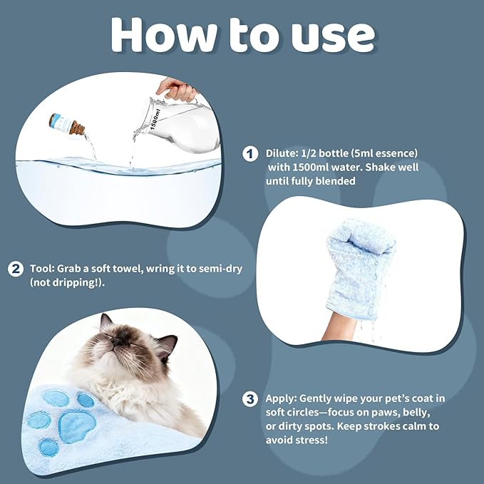 2PCS Concentrated Waterless Shampoo Essence with Pink Grooming Glove, No-Rinse & Lick-Safe Essence for Steam Brushes, Gentle Care for Cats/Kittens/Seniors, Manage Shedding & Freshness (2, Blue Glove)