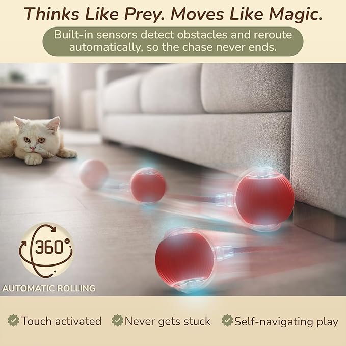 Smart Ball 2.0 - Automatic Cat Toy & Interactive Dog Toys for Small Dogs - Moving Cat Toy Ball for Indoor Cats - Motion Activated, Light Up, USB-C Rechargeable Pet Toy, 2 Speed Modes [Red]