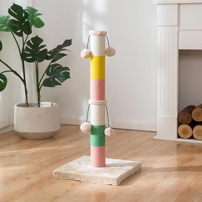 30 Inch High Cat Scratching Post with 4 Plush Teasing Toy Balls, Natural Sisal Rope Post and Thickened Base, Red Green Yellow White