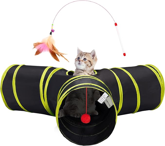 Tempcore Cat Tunnel for Indoor Cats, 3-Way Collapsible Play Tunnel with Teaser Wand, Peek Holes & Toy Ball, Small Pet Toy for Kittens & Rabbits, Black & Yellow