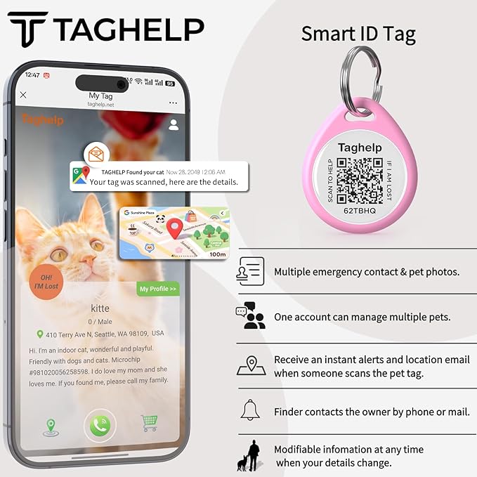 Pet ID Tag-3pcs QR Code Tag Small Personalized Name Plate with Online Profile,Cat Tag Scan QR Receive Instant Pet Location Alert Email,No Subscription or fees(Black & Blue & Pink)