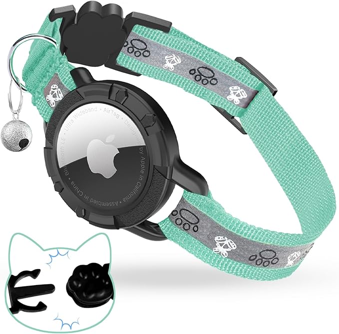 Breakaway AirTag Cat Collar, Reflective Cat Tracker Collar with Air Tag Holder and Bell, Safety Elastic Band Cat GPS Collars for Girl Boy Cats, Kittens and Puppies (Green, 8-13'')