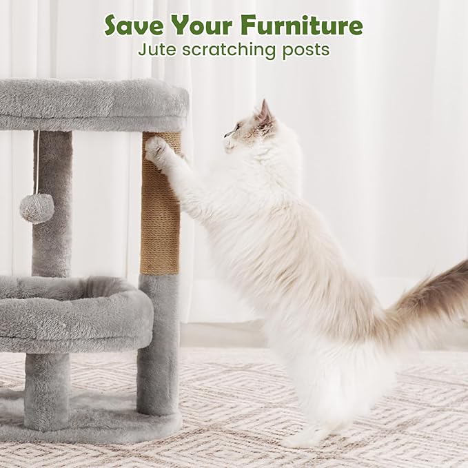 Cat Tree for Indoor Cats, Compact 2-Tier Cat Tower with Padded Donut Beds, Cozy Plush Cat Perch for Small to Medium Cats, Sisal Scratching Posts & Hanging Toy (Light Grey)