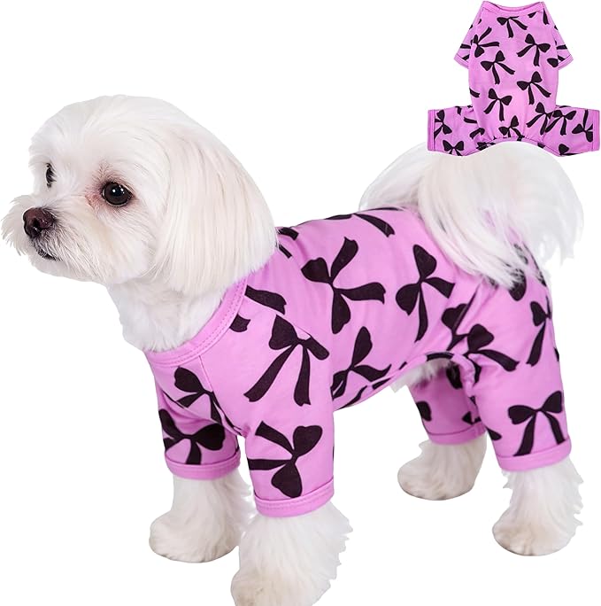 Dog Pajamas Summer Cute Print Puppy Jumpsuit Thin Dog Onesie Small Dog Clothes with Comfy & Elastic Frbic Puppy Pjs(Violet Bowknot,X-Large)