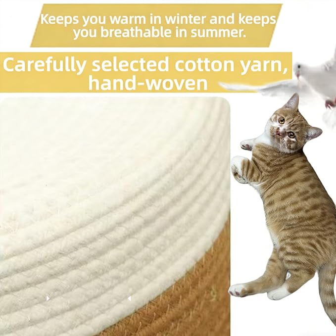 Large Stimulicat Cat Bed Rope Cotton with Cushion, Eliminates Bed Rejection Round Pet Basket, Boho Catbed for Cats Handwoven Scratchable Breathable Weave