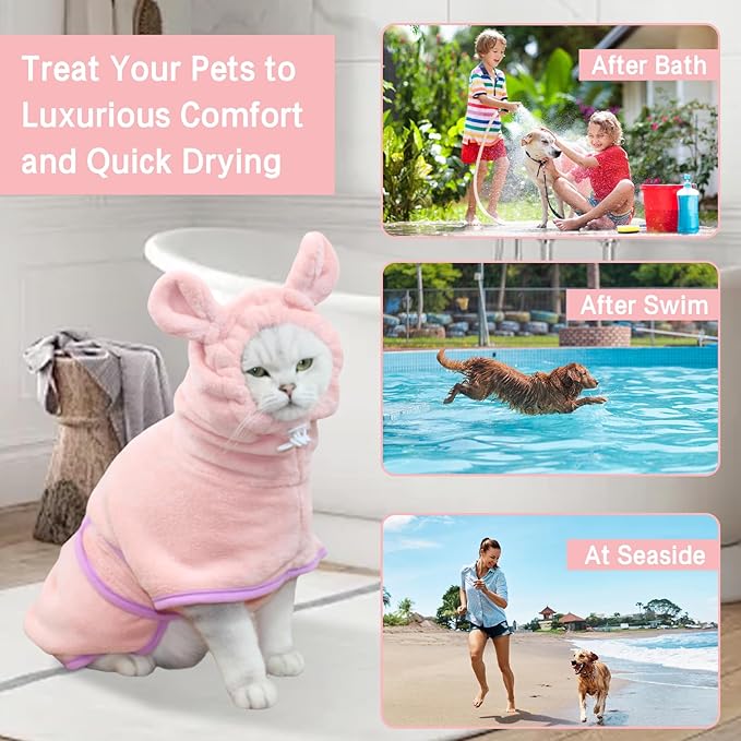 Pet Bathrobe for Dog Cat Absorbently Quick Drying Coat Cute Dogs Bath Towel Hooded Robe Adjustable Collar & Belly Strap for Pool Beach (Pink, X-Large)