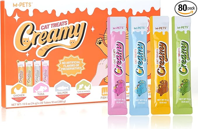 M-PETS Creamy Lickable Cat Treats – 4 Flavor Variety Pack, 80 Tubes of Healthy Squeeze Up Snacks with Functional Nutrients for Hydration, Skin & Coat, and Digestive Health – Grain Free, High Protein