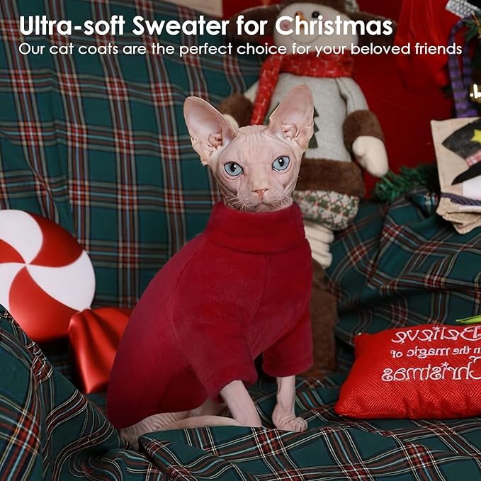 Turtleneck Sweater Coat for Cat, Sphynx Clothes Pajamas for Cats Only, Kitten Fleece Pullover Sweaters with Sleeves, Pet Warm Jumpsuit Sweatshirt for Cold Weather, Burgundy S