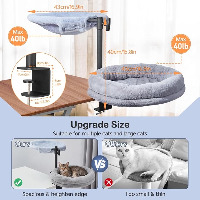 Odoland 2 in 1 Cat Desk Bed - Cat Hammock for Home Workers - 360 Rotating Adjustable Heigh Desktop Perch Clamp with Replace Mattress - Max Weight 80LBS for Kitten Adult Cats Small Pet