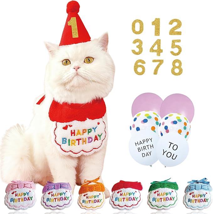 Reusable Cat Birthday Decorations Set - Adjustable Cat Birthday Hat & Bandana with Age Numbers | Kitty Celebration Kit for Memorable Milestones（Red）