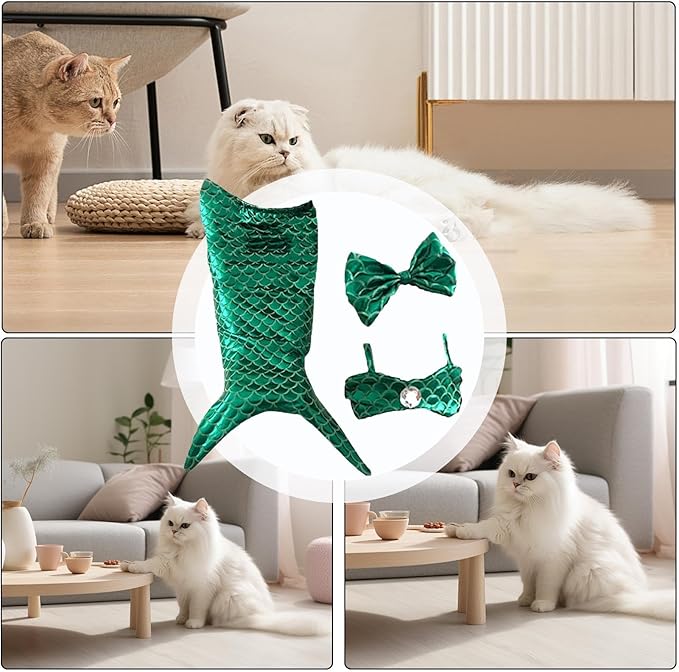 Generic cat Mermaid Costume, Mermaid Tail for Cats, Mermaid Tail Clothes Sequin Mermaid Dress, Comfortable & Soft Dog Outfit, Funny Pet Costumes for Cat and Dog, Green