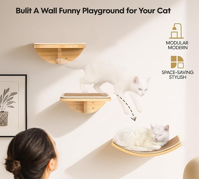 Wall Mounted Cat Steps 2 Pack – Square Wood Cats Shelves with Felt Cushions for Climbing, Jumping & Resting