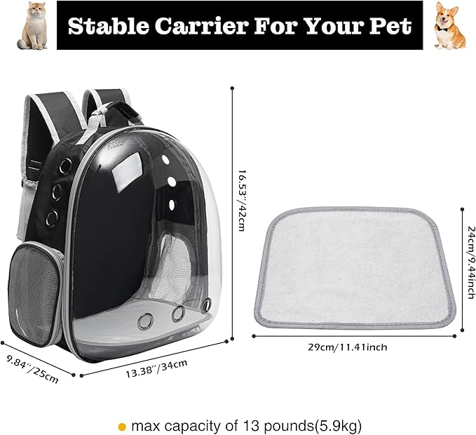Vivicreate Large Cat Backpack Carrier with Folding Bowl and Teaser Stick for Cats up to 20lbs with Ventilation and Padded Straps Mochila para Gatos transportadora mascotas (Black)