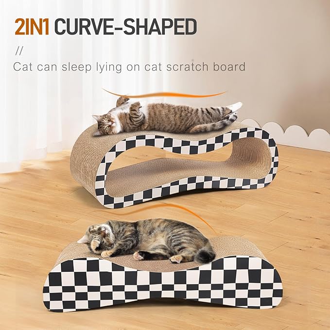 FluffyDream 2 in 1 Cat Scratcher Cardboard Lounge Bed, Cat Scratching Post, Durable Board Pads Prevents Furniture Damage,Large,Checkerboard