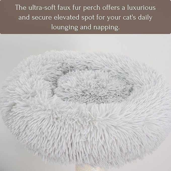 Petpals Medium Size Cat Tower with Replaceable Sisal Scratching Posts, Cat Head Shaped Sisal Scratching Pad and 2 Platform Shag Faux Fur View Perchs, for Indoor Cats, Light Grey (Light Grey)