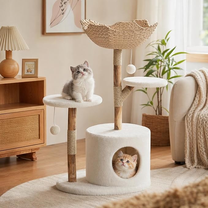 Modern Sturdy Wood Cat Tree Tower for Indoor Cats – 46" Multi-Level Condo, Large Wicker Basket Bed, Scratching Posts, Jumping Platforms, Pom Pom Balls,Cat Furniture for Multiple Cats,a Tree Branch