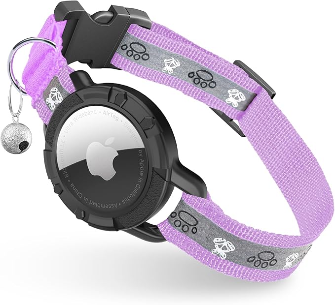 Reflective AirTag Cat Collar, Integrated Cat Tracker Collar with Air Tag Holder and Bell, Safety Elastic Band Cat GPS Collars for Girl Boy Cats, Kittens and Puppies (Lilac,S)