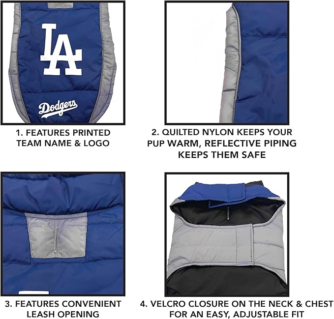 MLB Los Angeles Dodgers Puffer Vest for Dogs & Cats, Size Large. Warm, Cozy, & Waterproof Dog Coat, for Small & Large Dogs/Cats. Best MLB Licensed PET Warming Sports Jacket