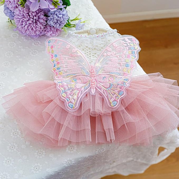 Fairy Dog Dress Cat Princess Outfit with Pink Tulle Skirt & Butterfly Wings, White Knit Top with Lace Collar, Pet Clothes for Small Dogs Cats Birthday Wedding Halloween 11-13.2lbs(Pink,L)