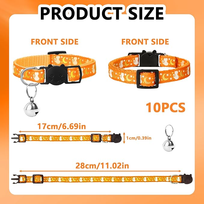 10PCS Breakaway Cat Collars with Bell, Glow in The Dark Adjustable Kitten Collars with Star Moon Pendant, 10 Color Cute Kitty Collars for Girl Boy Cats Pet Accessories