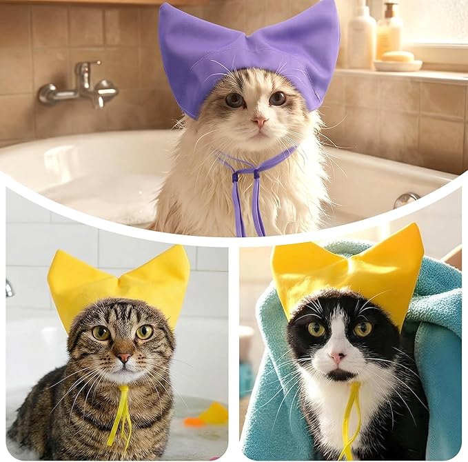 2Pcs Cat Shower Caps, Waterproof Cat Bath Hat, Bath Cap for Cats, Adjustable Strap and Cute Ears for Cats and Dogs (Purple,Yellow)