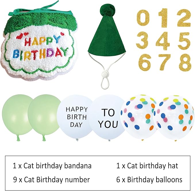 Reusable Cat Birthday Decorations Set - Adjustable Cat Birthday Hat & Bandana with Age Numbers | Kitty Celebration Kit for Memorable Milestones（Green）