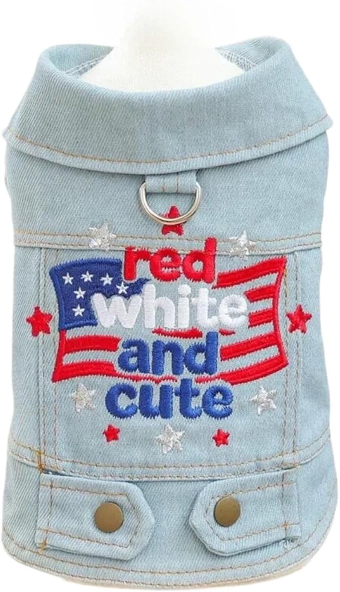 American Flag Denim Dog Vest with D-Ring for Small Dogs – Patriotic Embroidered Puppy Jacket, 4th of July Outfit(XL)