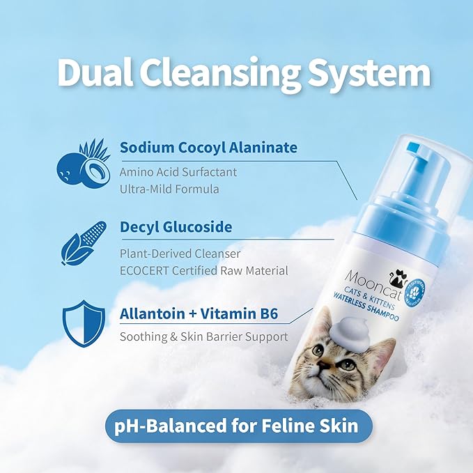 Mooncat Waterless Cat Shampoo + 2-in-1 Cat Bath Brush Set, No Rinse Dry Foam Bath for Short Hair Cats & Kittens, SGS-Tested Lick-Safe, Veterinarian Approved & pH-Balanced, Brush, 5 oz