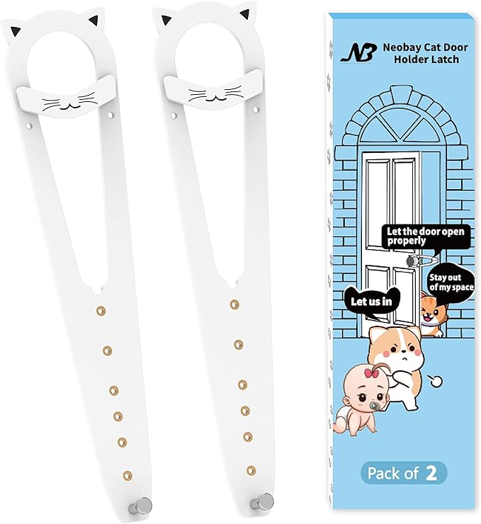 Neobay Cat Door Latch with Stabilizer, 7 Sizes Adjustable Cat Door Holder Latch, Keeps Dog Out of Litter Box, No-Drill & Portable for Interior Doors, White, 2 Packs