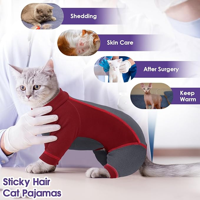 Hair Sticky Cat Clothes, Cat Sweater for Cats Only, 4-Legged Fleece Sweaters Kitten Pajamas Reduce Shedding Fur, Warm Pullover Shirts for Cats, Red XL