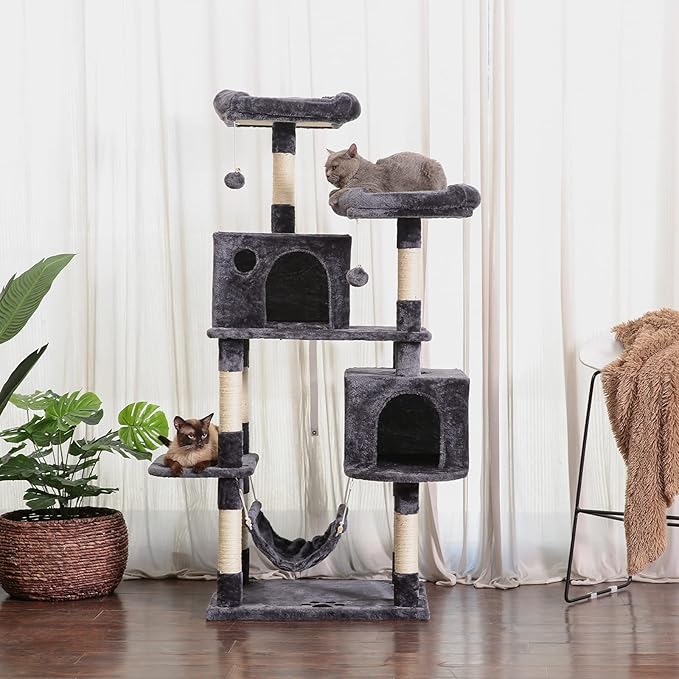 Hey-brother Large Multi-Level Cat Tree Condo Furniture with Sisal-Covered Scratching Posts, 2 Bigger Plush Condos, Perch Hammock for Kittens, Cats and Pets Smoky Gray MPJ020G