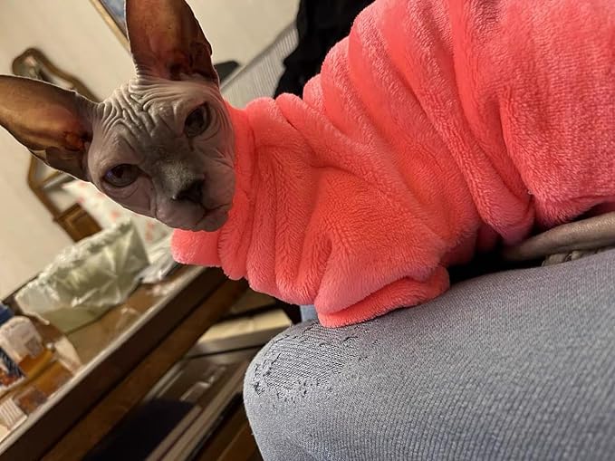 Sphynx Cat Clothes Winter Turtleneck Soft Coral Fleece Cat Clothes Thicken Warm Pajamas Coat for Hairless Cats and Small Cat Apparel with Sleeves (Rainbow Powder, L (6-9.3lbs)