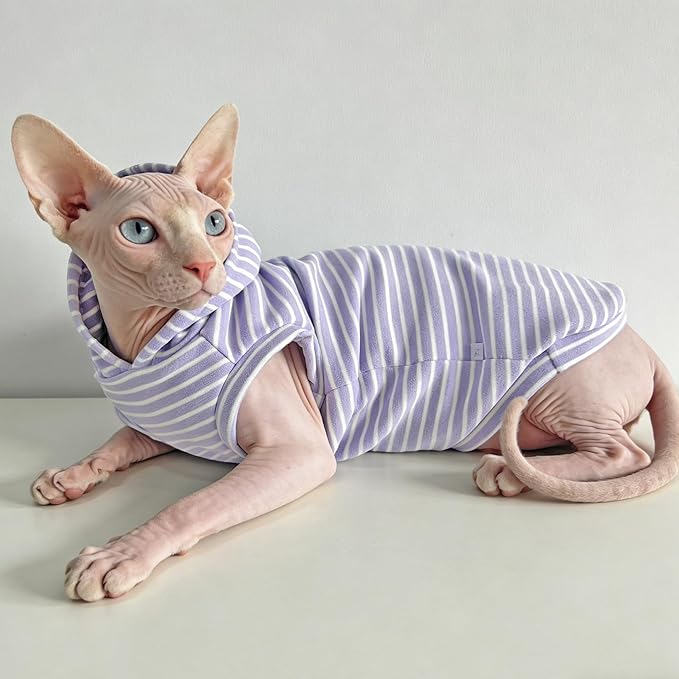 Sphynx Cat Clothes for Cats Only,Classic Striped Hairless Sphinx Cat Clothes Hoodie Shirts, Soft Kitten Sweater Pets Apparel Outfits for Devon Rex, Cornish Rex, Peterbald,Purple,XL