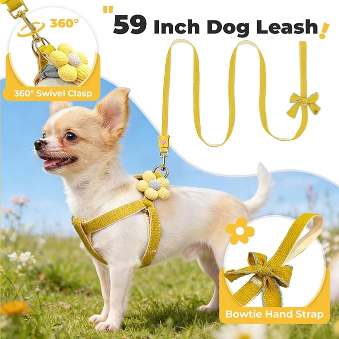 PETCARE Cute Flower Dog Harness and Bowtie Leash Set Easy Walk Puppy Dog Halter Harness for Small Dogs Girl Step in Dogs Harnesses with Buckle (Yellow, Chest Adjustable 13"-20", Rope Width 0.79")