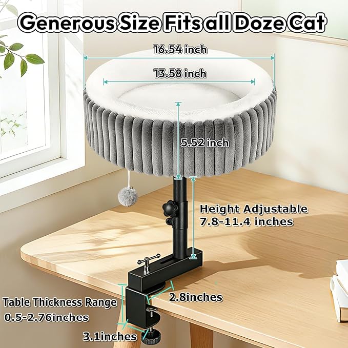 TNELTUEB Cat Desk Bed - 360° Rotating,Clamp On Cat Bed for Desks, Adjustable High Support Up to80 lbs for Office, Game Table, Island Tables, Desktop Attachment Hammock Grey