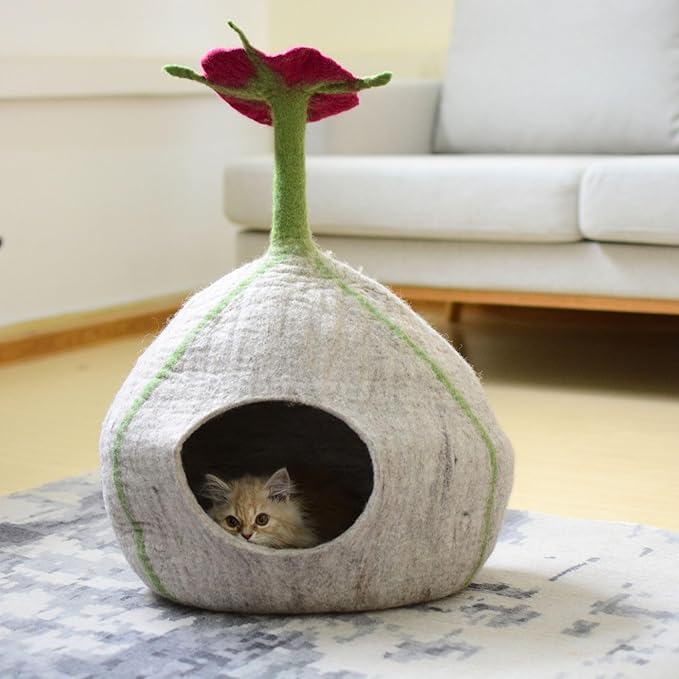 Top Flower Design Felt Cat Cave- Handmade Wool Cat Bed- Premium Pet Furniture