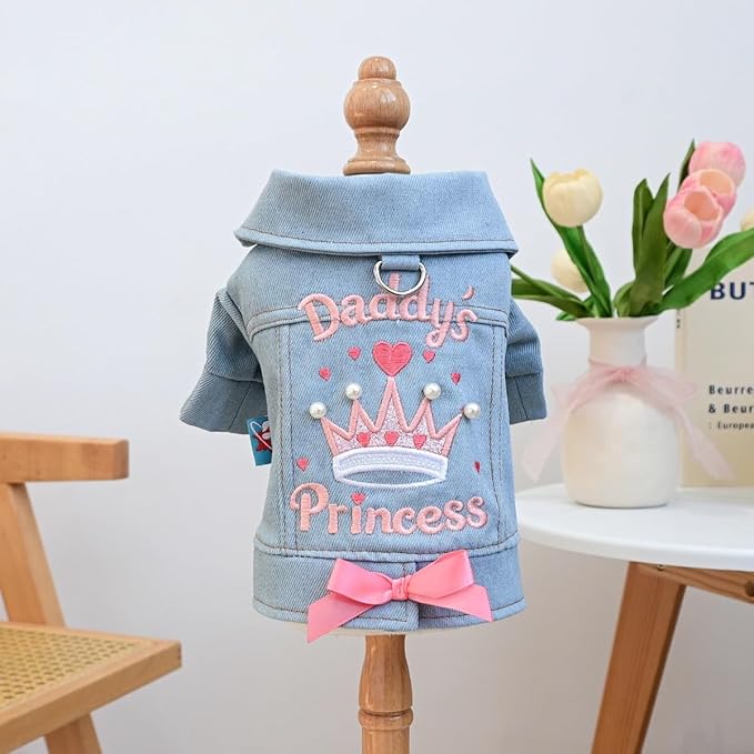 Denim Dog Jacket for Small Dogs & Cats, “Daddy’s Princess” Embroidered Pet Coat with Pearls & Bow, Light Blue Jean Outfit with D-Ring, Cute Apparel for Walks, Photos, Parties & Holidays(XL)