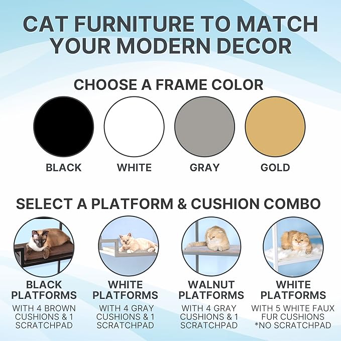 The Refined Feline 62 Inch Tall Metropolitan Cat Condo, Gray Metal Frame Cat Tower, Multi-Level Modern Cat Tree for Indoor Cats, White Platforms with Gray Replaceable Cushions & Scratching Post