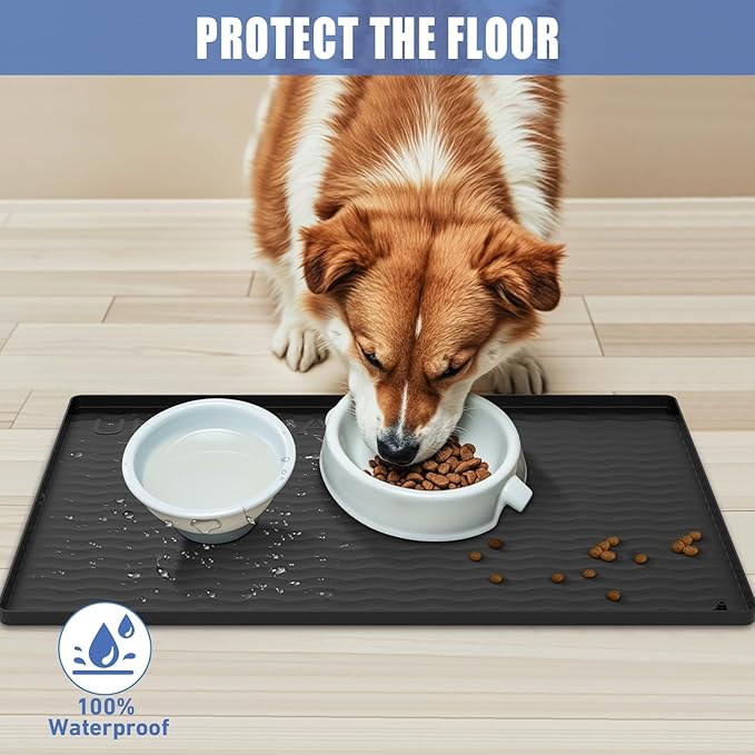 URMONA 19" x 19" Silicone Pet Feeding Mat, Dog Cat Food and Water Mat, Waterproof Raised Edge Cat Litter Box Tray, Rubber Pets Accessories, Puppy Kitty Essentials（Black）