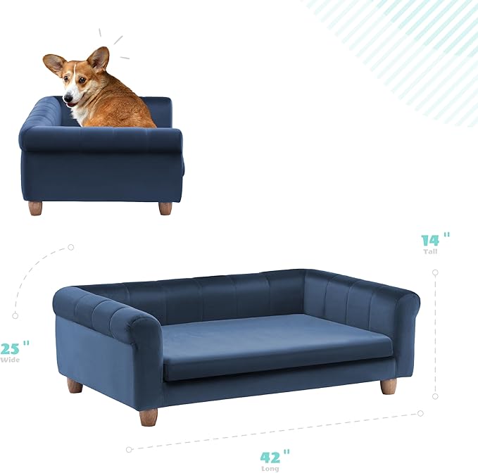 CRITTER SITTERS 42-in. Elegant Navy Faux-Velvet Rectangular Dog Sofa for Medium and Large Dogs, Elevated Plush Dog Couch