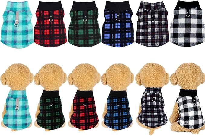 Rbenxia 6 Piece Buffalo Plaid Dog Sweater Set Soft Fleece Vest & Pullover Jacket with Leash Ring for Puppy, Cat Small Dog Pets Warm Winter Outfits (Red, green, blue, black, bright blue, gray, X-Small)