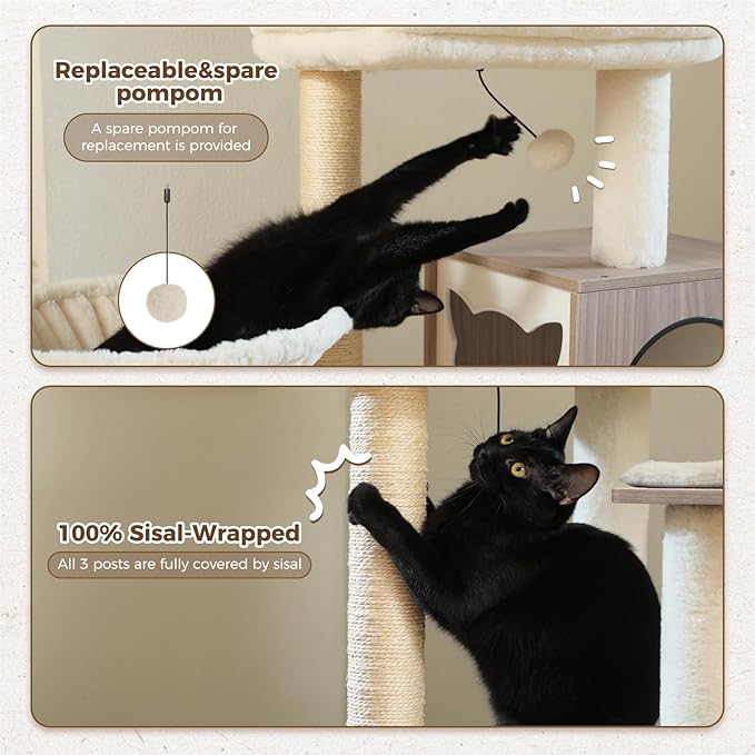 PETEPELA Cat Tree with Litter Box Enclosure, 2-in-1 Wood Cat Tower for Indoor Large Cats, 57.5'' Cat Condo with Scratching Posts, Cozy Hammock and Repalcable Dangling Balls, Grey