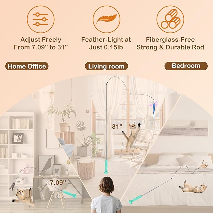 Cat Wand Toy – Retractable Wand with 4 Feather Toy Refills for Indoor Cats Enrichment, Interactive Cat Toy for Bored Adult Cats and High-Energy Kittens (HuntMaster)