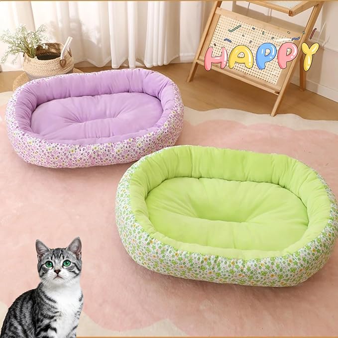 Floral Print Cat Beds for Indoor Cats Cozy Plush Fabric, Supportive Raised Sides, Non-Slip Bottom Washable Mat for Small Medium Pet Puppy Dog (Purple,Small)