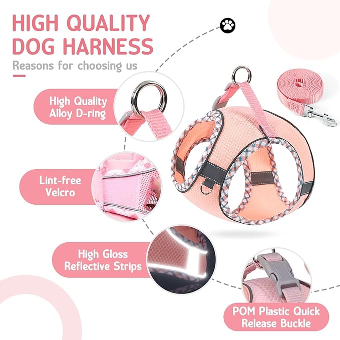 Cat Harness and Leash Set - Breathable Mesh Vest with Reflective Strips, Escape-Proof Harness with No-Choke Design Secure Lock Buckles for Kittens or Puppies, XS Pink(Fits 3-7 lbs Kittens)