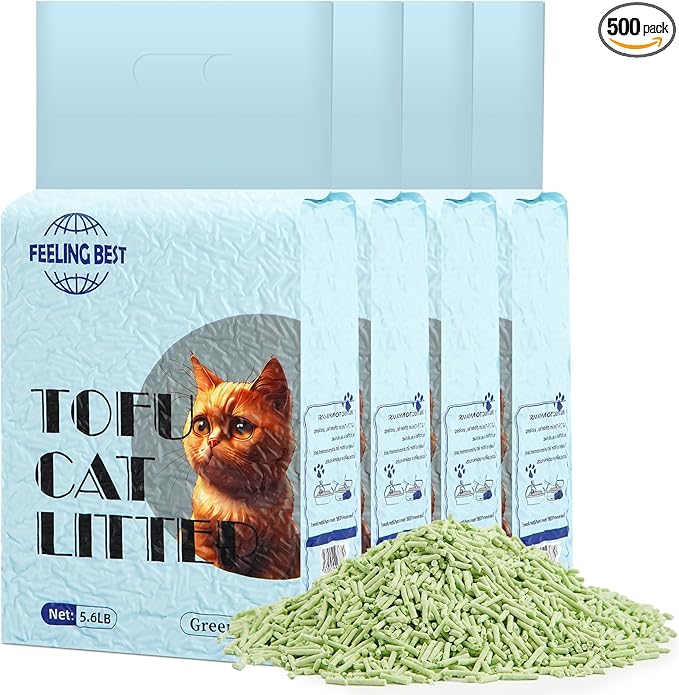 Tofu Cat Litter 22.4LB(5.6lb×4bag) Green Tea Clumping, 100% Natural Raw Materials, Flushable,Ultra Absorbent and Fast Drying,Solubility in Water,Really Dust-Free,Less Scattering