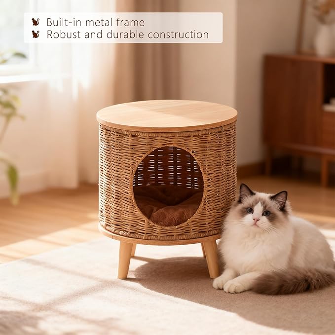 Rattan Cat House End Table, 2-in-1 Cat Bed Side Table, Stylish Pet Furniture for Indoor Cats in Living Room and Bedroom Brown