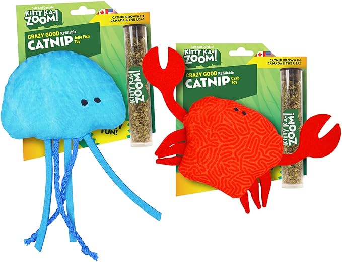 Jellyfish and Crab Toy Bundle | ZOOMIE Refillable Jellyfish and Crab Plush Catnip Toys | High Potency Hand Harvested Fresh Catnip | Soft Plush for Engaging Play