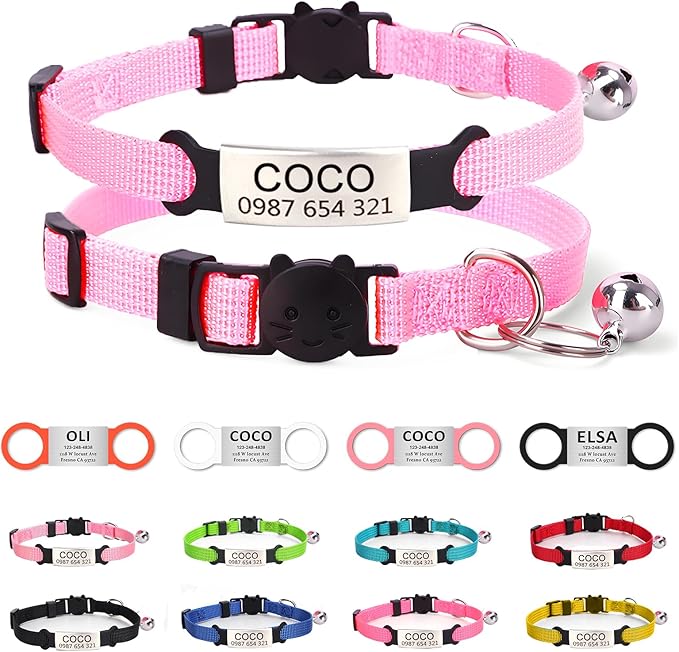 Cat Collar with Name tag, Adjustable and Durable Polyester Personalized cat Collar with Bell, Custom Carved pet Name and Phone Number, Suitable for Boys and Girls Cats,Light Pink