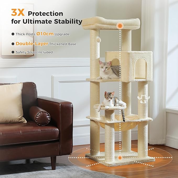 MUTTROS Large Cat Tree with Reinforced Scratching Posts (φ3.7in) for Big Adult Cats 30 lbs, 57.8" Heavy Duty Cat Tower with Larger Hammock and Condo, Cat Furniture for Maine Coon, Plush,Beige